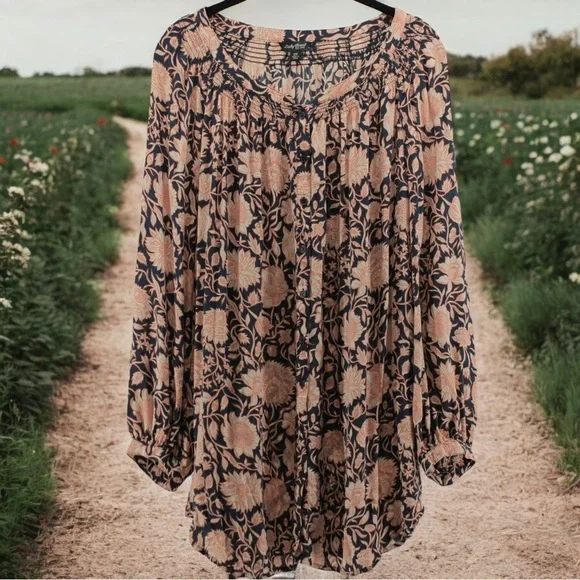 Lucky Brand Blue and Orange Babydoll Peasant Blouse Garden Summer Size 2X - Picture 1 of 8